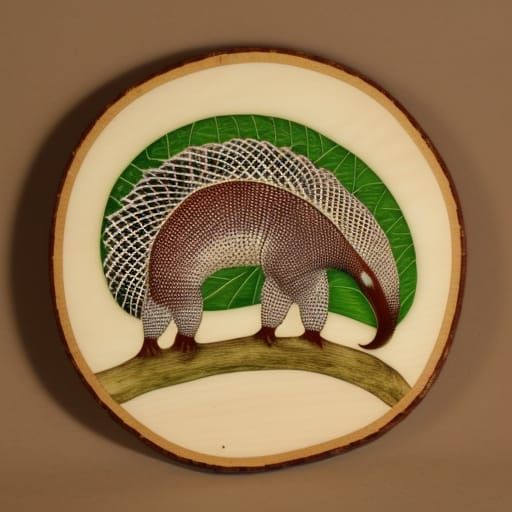 Pangolin Pyrography on Birch Plank in HDR