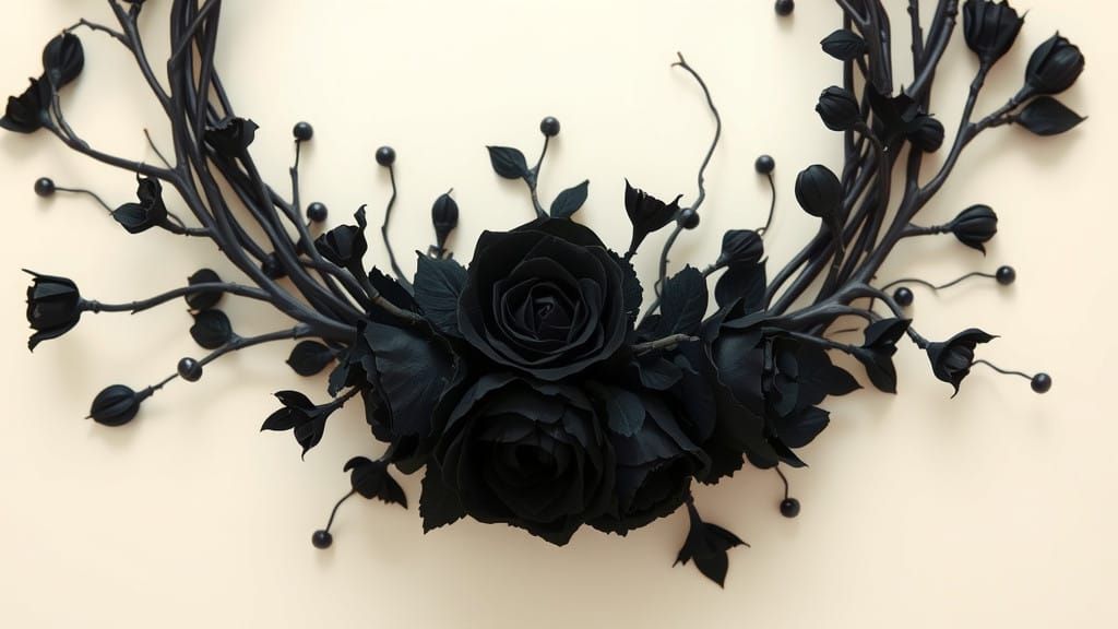 Intricate Black Floral Wreath in Moody Charcoal Style