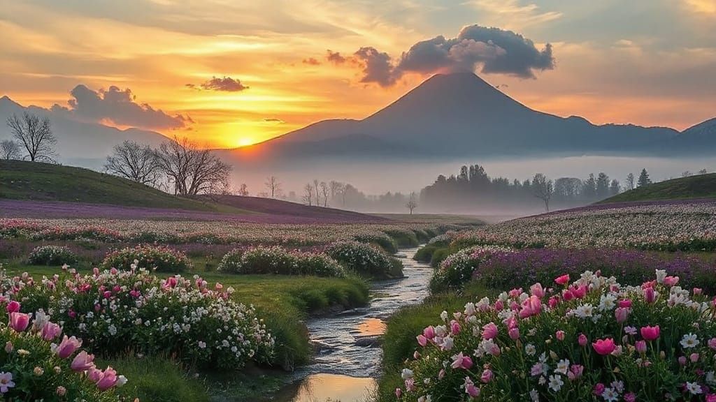 Ethereal Spring Landscape in Vibrant Sunset Colors