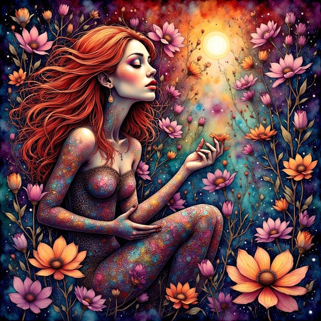 Red-Haired Maiden in Cosmic Patterns