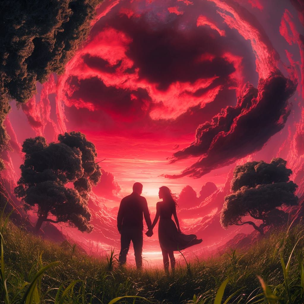 Silhouetted Couple Admire Panoramic Sunset Matte Painting