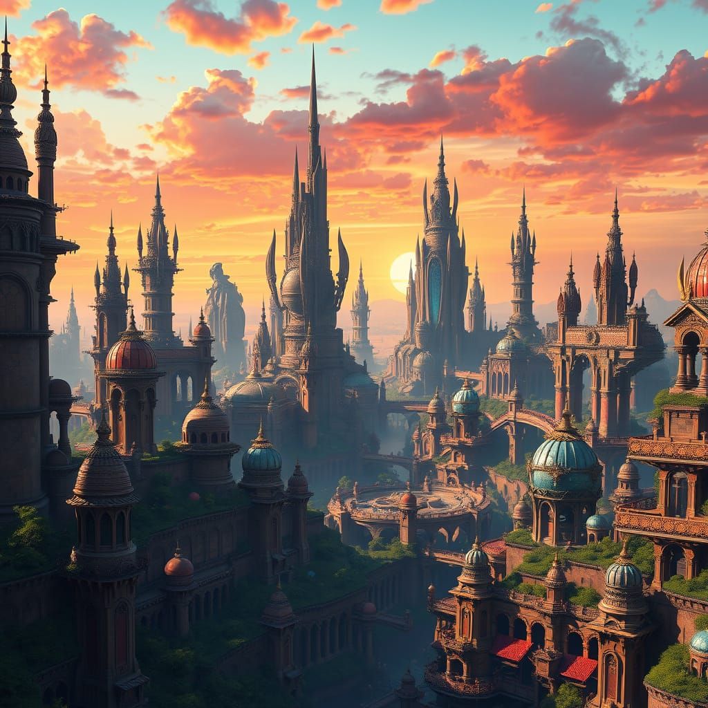 Majestic Fantasy Arcology in Vibrant Sunset Hues