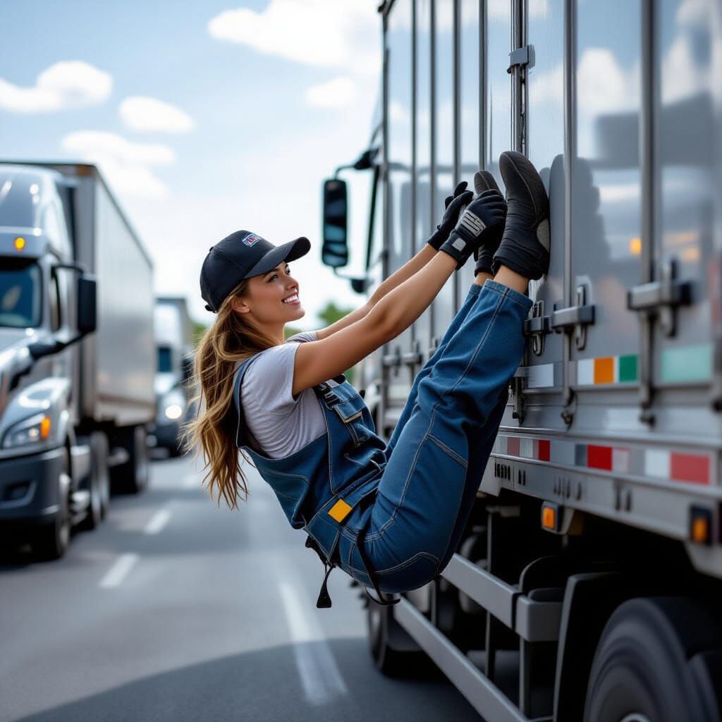 Female Trucker Hanging from Truck After Loading