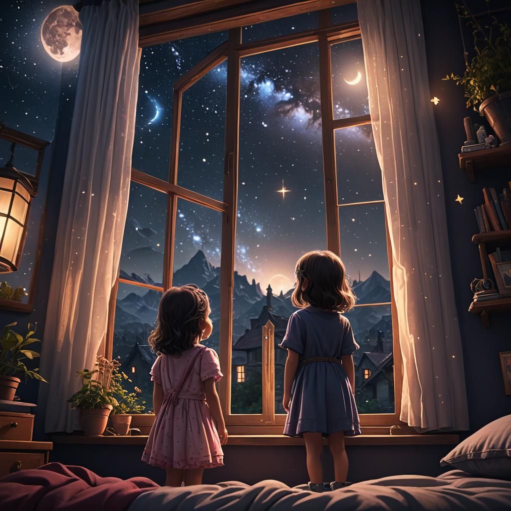 Girl Gazing at Night Sky: Detailed Matte Painting