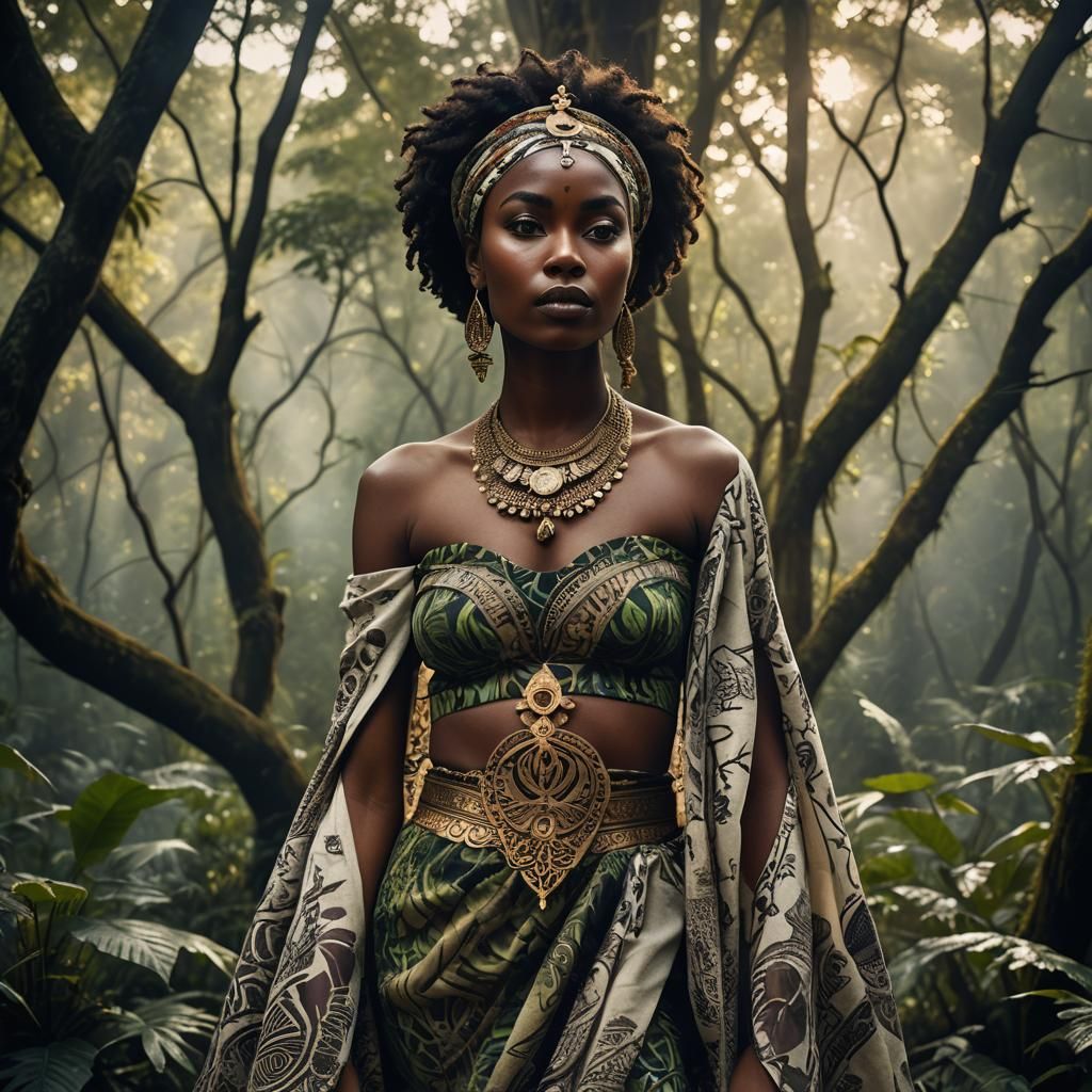 Regal African Queen in Misty Forest, Airbrush Style
