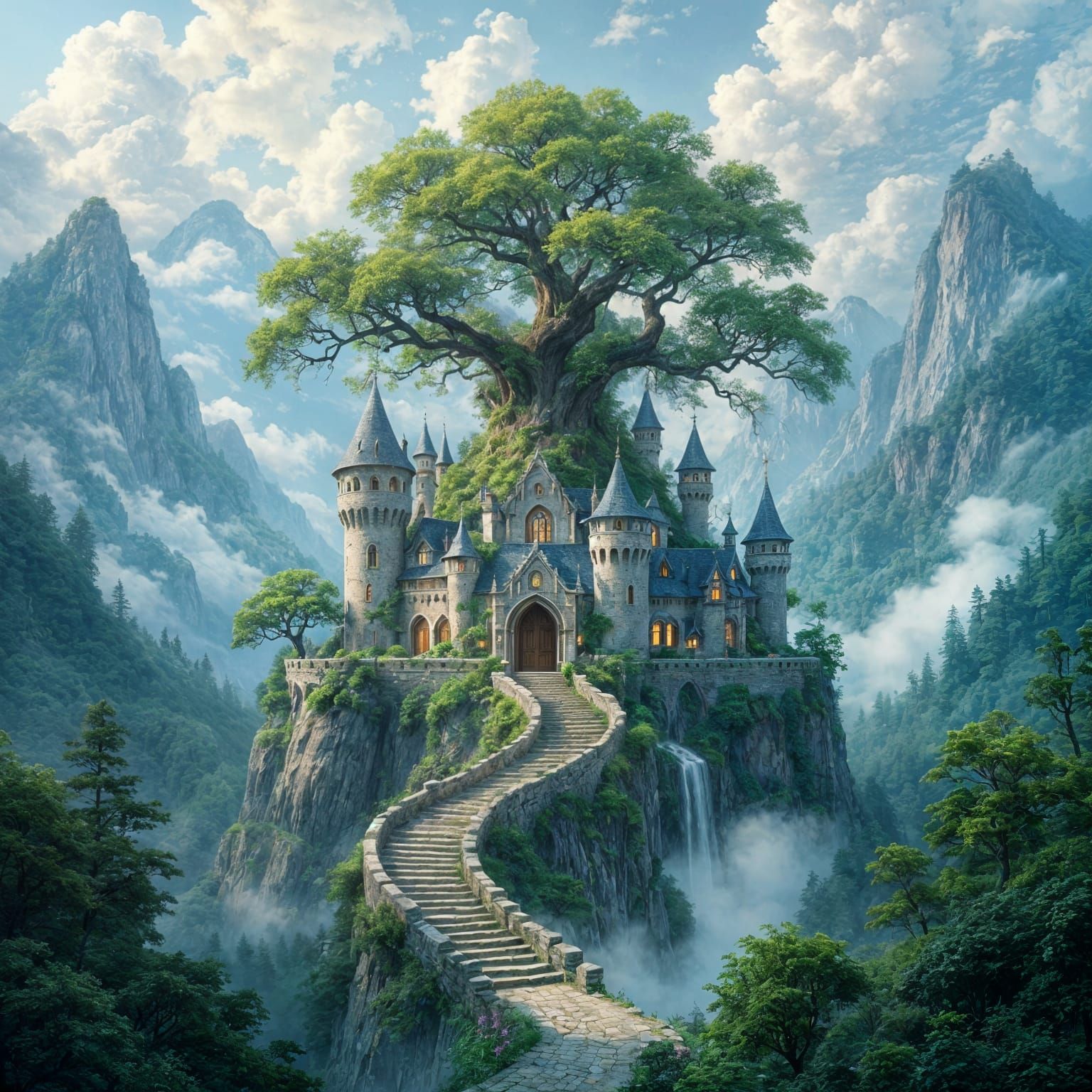 Enchanted Tree Castle in Mountain Landscape, Fairytale Art