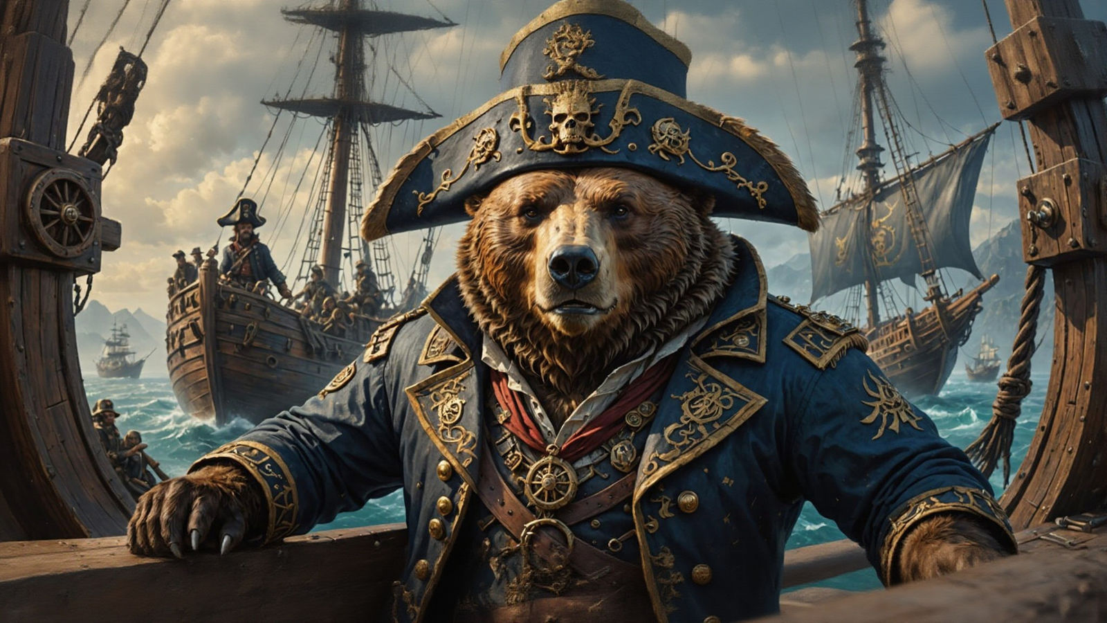Grizzly Bear Pirate Captain at Ship's Helm
