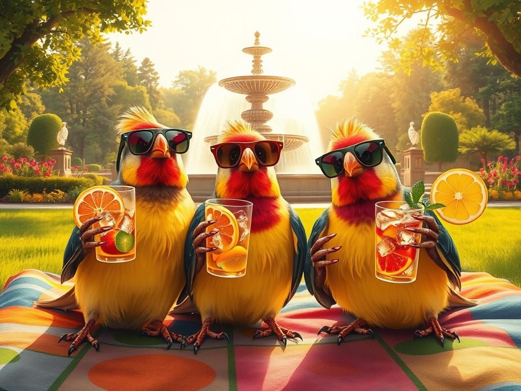 Vibrant Finches Enjoy a Sunny Day Picnic in Whimsical Style