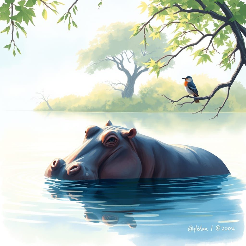 Hippopotamus Bathing in Impressionistic African River