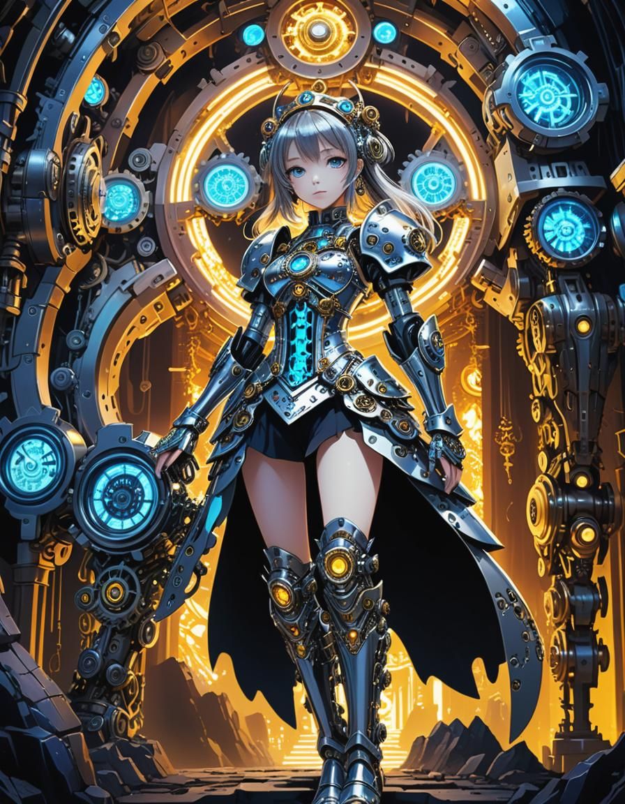 Clockwork Anime Princess in Neonlit Mechanical Cavern