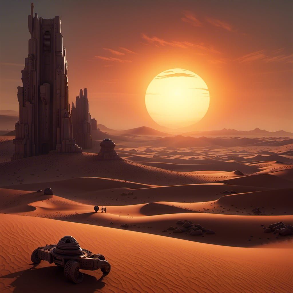 Twin Sun Desert Sunset in Dark Fantasy Style