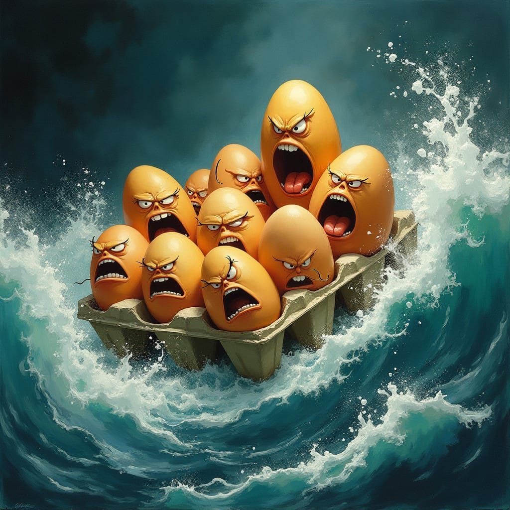 Angry Eggs Battle Turbulent Seas in a Dramatic, Stormy Scene