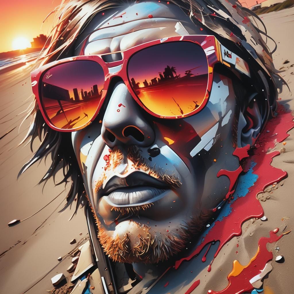 Face Emerging from Beach in Graffiti Fusion Style