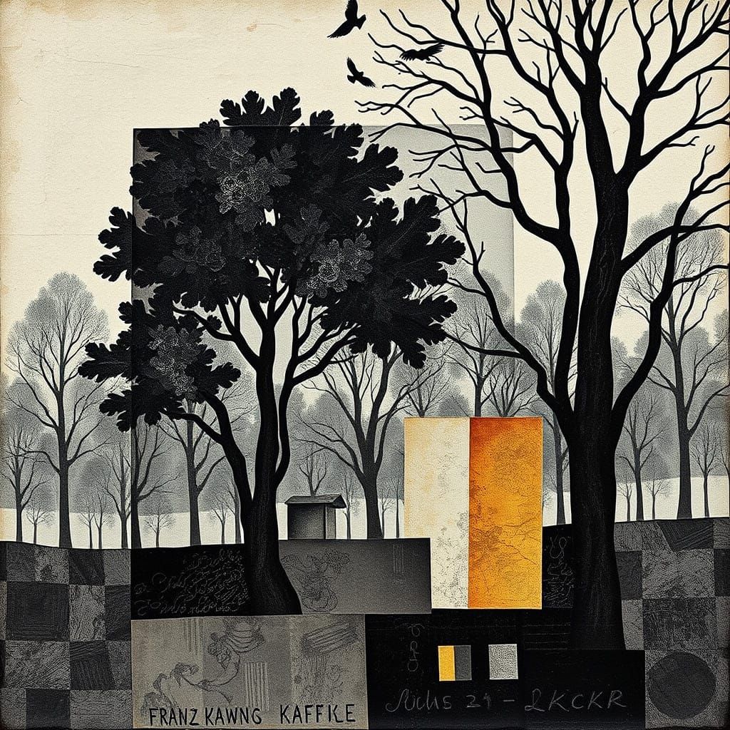 Surreal Constructivist Park Scene in Textured Collage Style