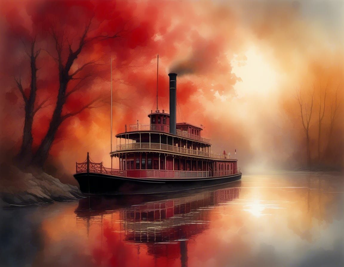 Mississippi River Steamboat at Misty Sunrise