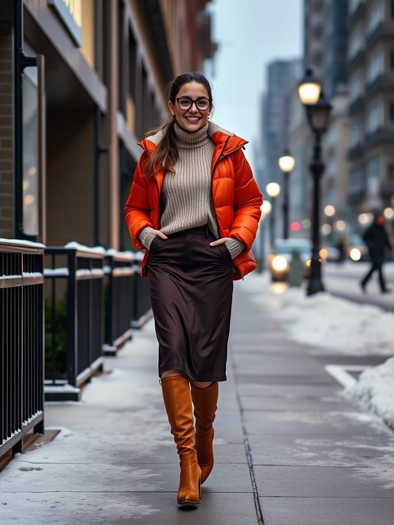 Woman Strolls Through Snowy City Streets on a Winter Night