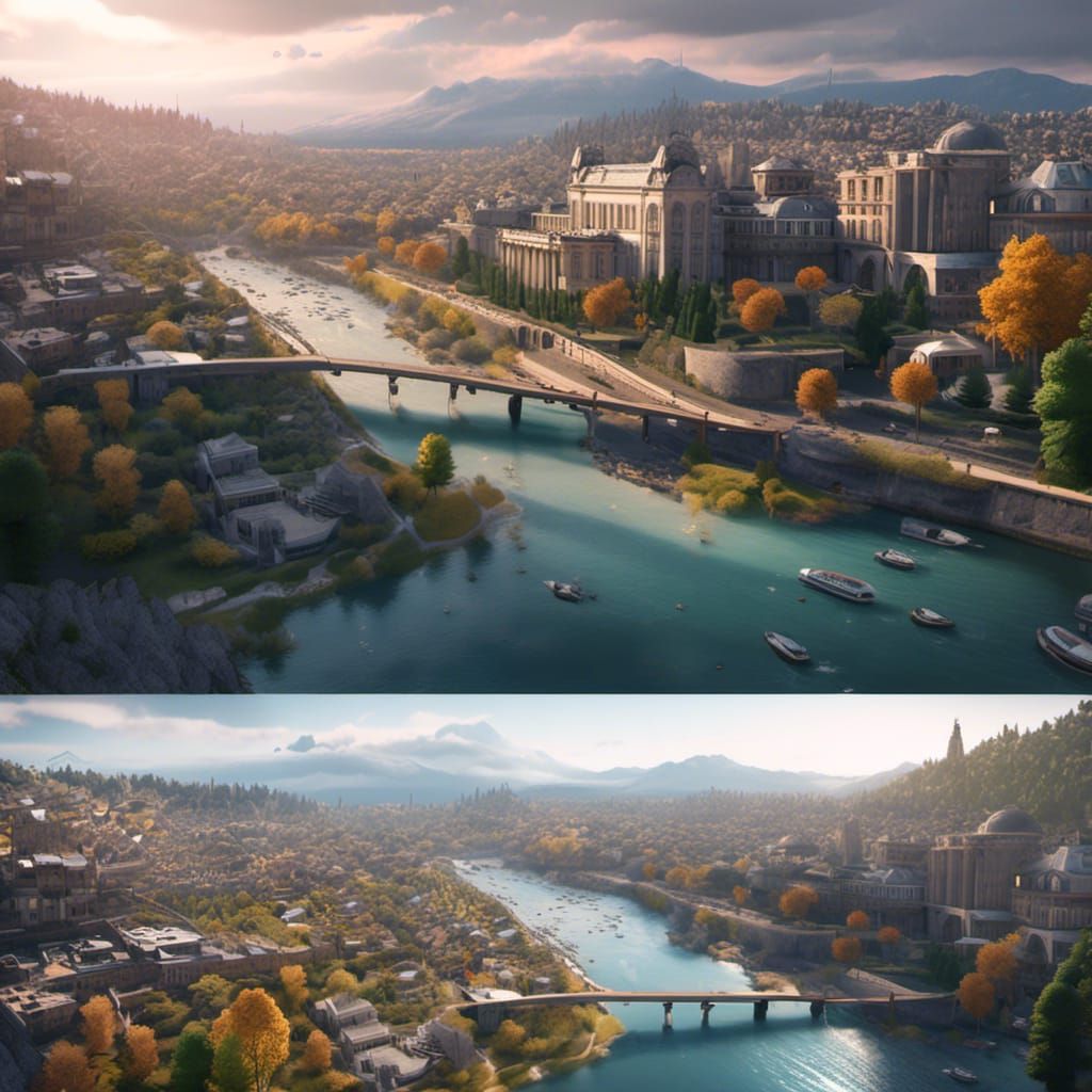 Modern Cityscape with River in 3D Game Style