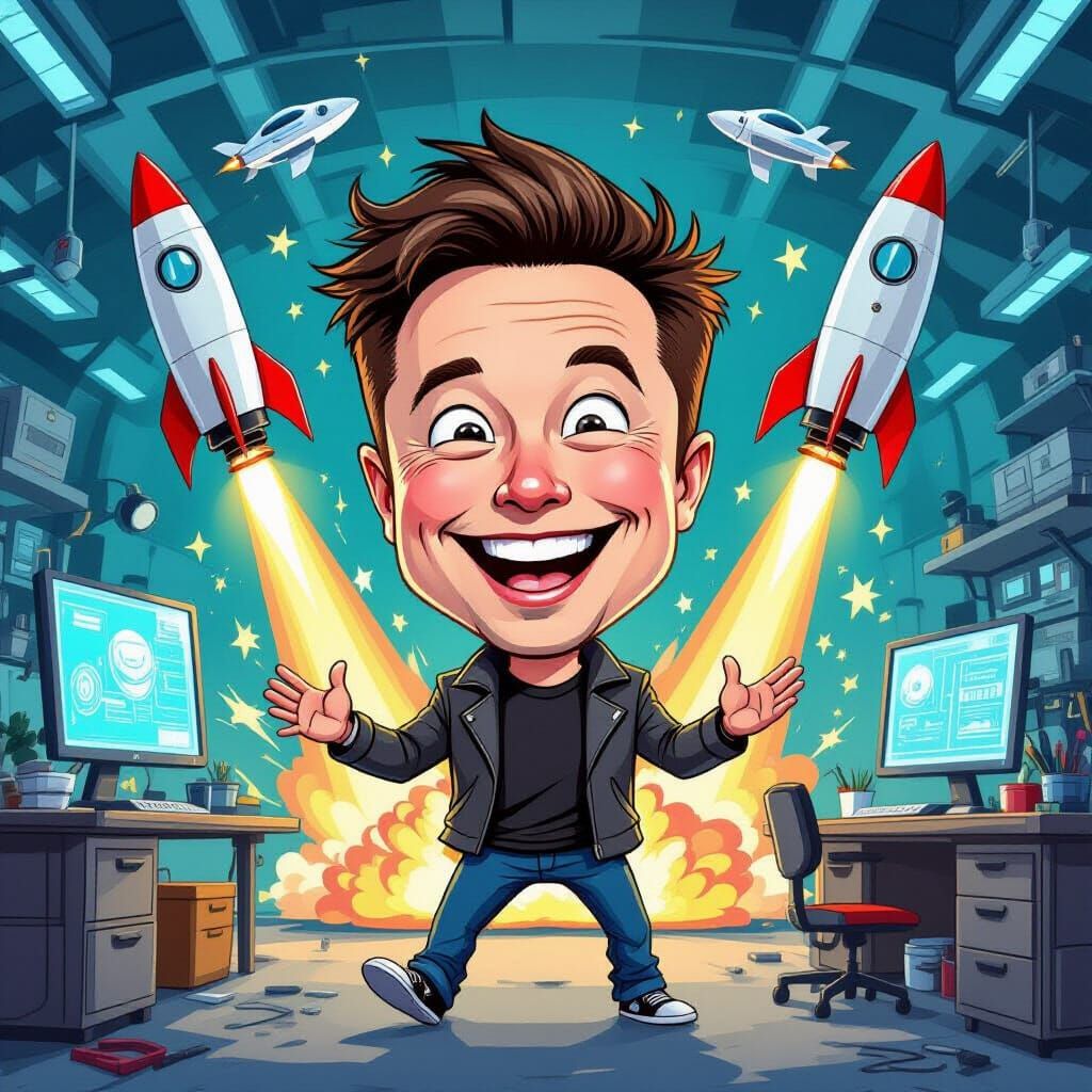 Elon Musk Satire: Campaigning with Rockets in Bold Illustrat...