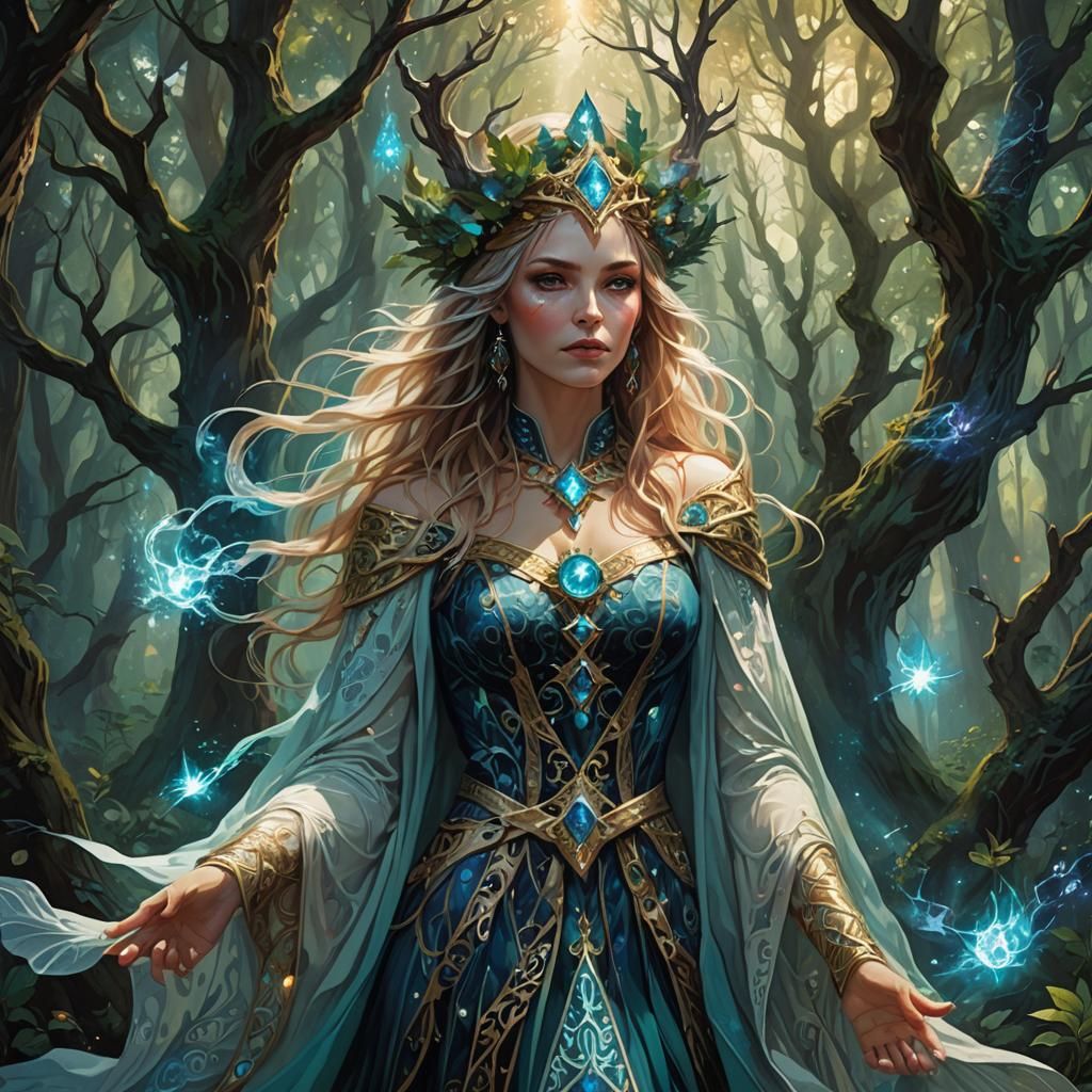 Regal Sorceress Conjuring Astral Entity: Digital Art