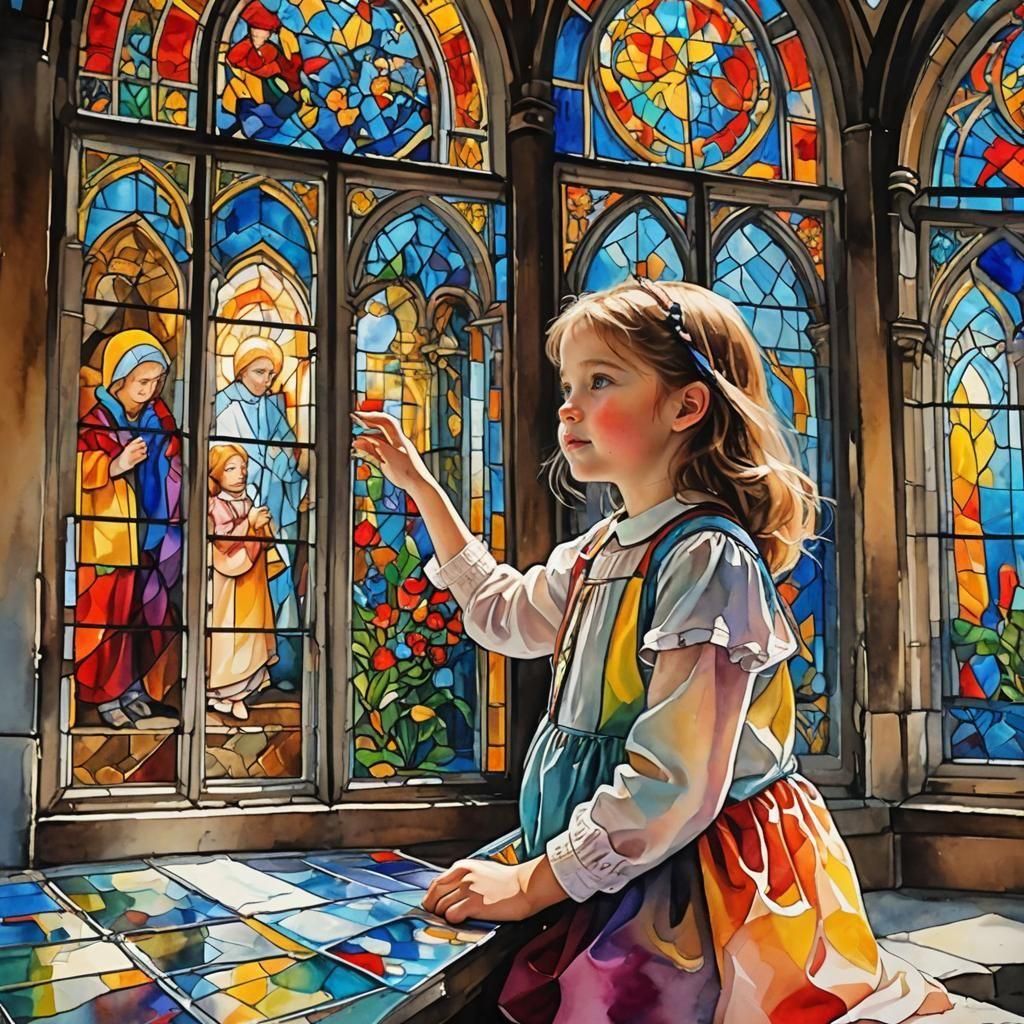 Girl Watches Stained Glass: Oil and Watercolor