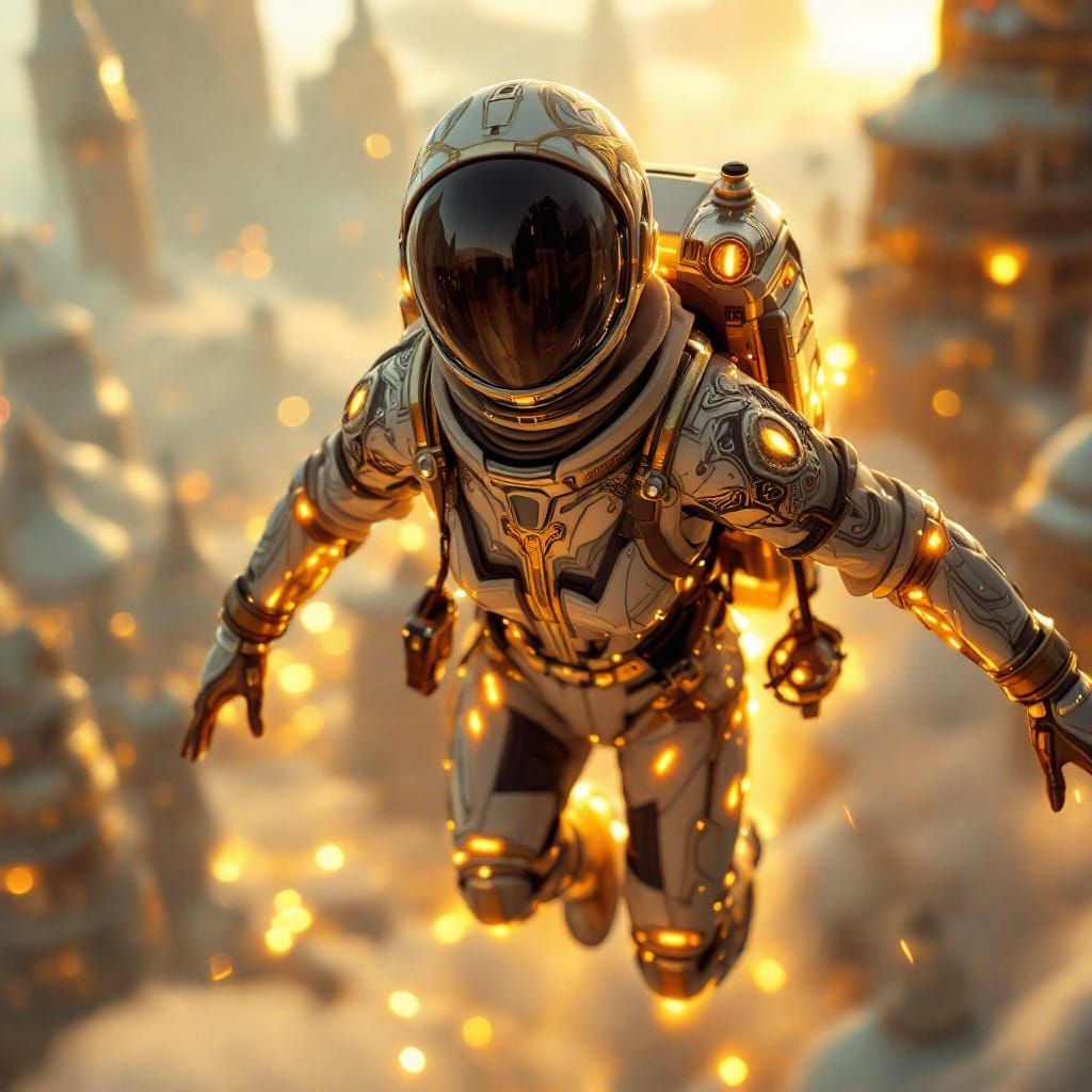 Retro-Futuristic Astronaut Soars through Alien Cityscape