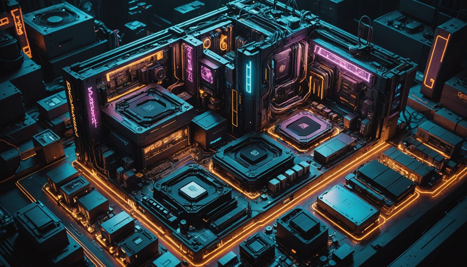 Cyberpunk Cityscape of Motherboard Components