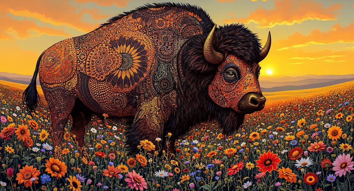 Bison with Zentangle Patterns at Golden Sunset