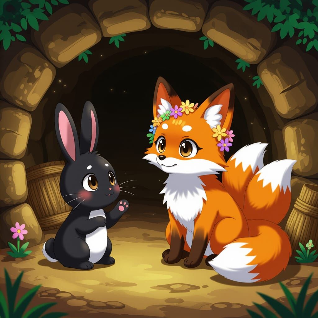 Cute Anime Fox Meets Curious Black Bunny