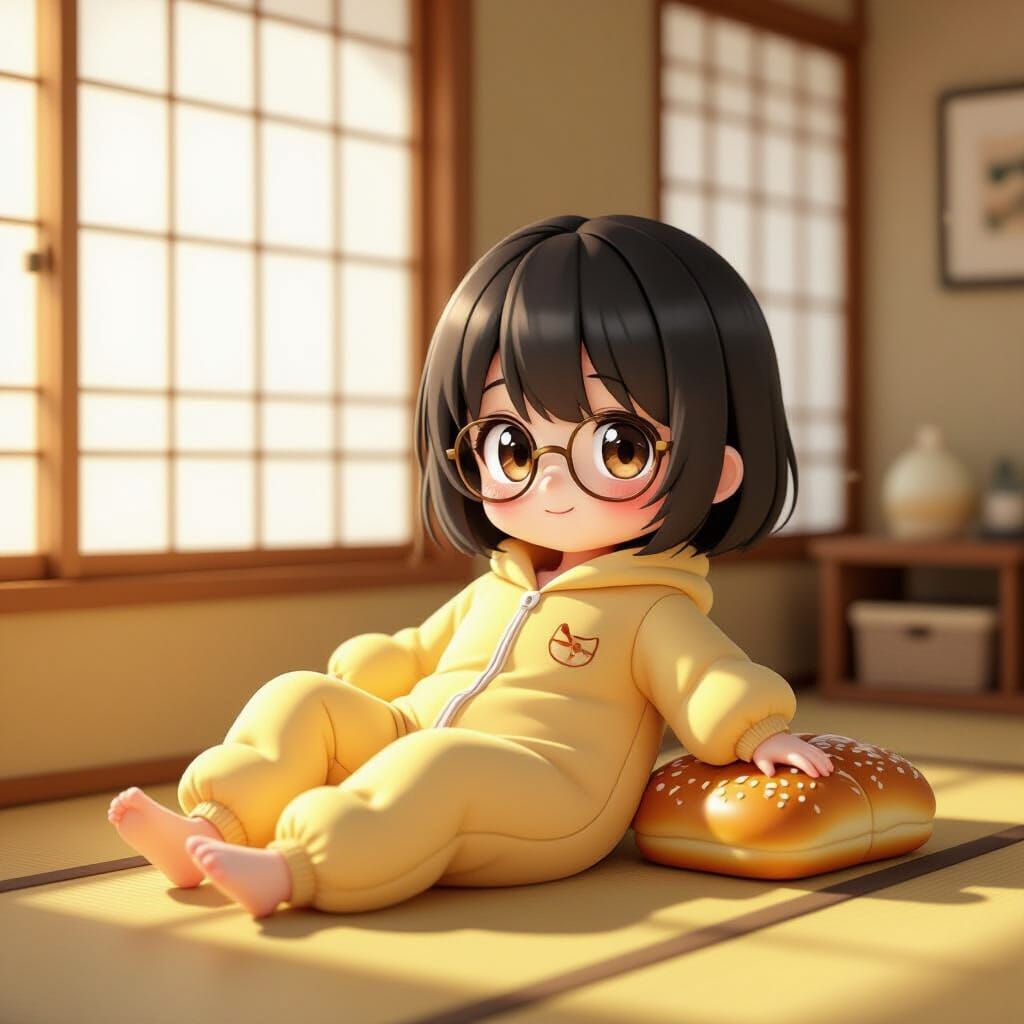 Chibi Girl in Yakisoba Bread Onesie in Retro Japanese Apartm...