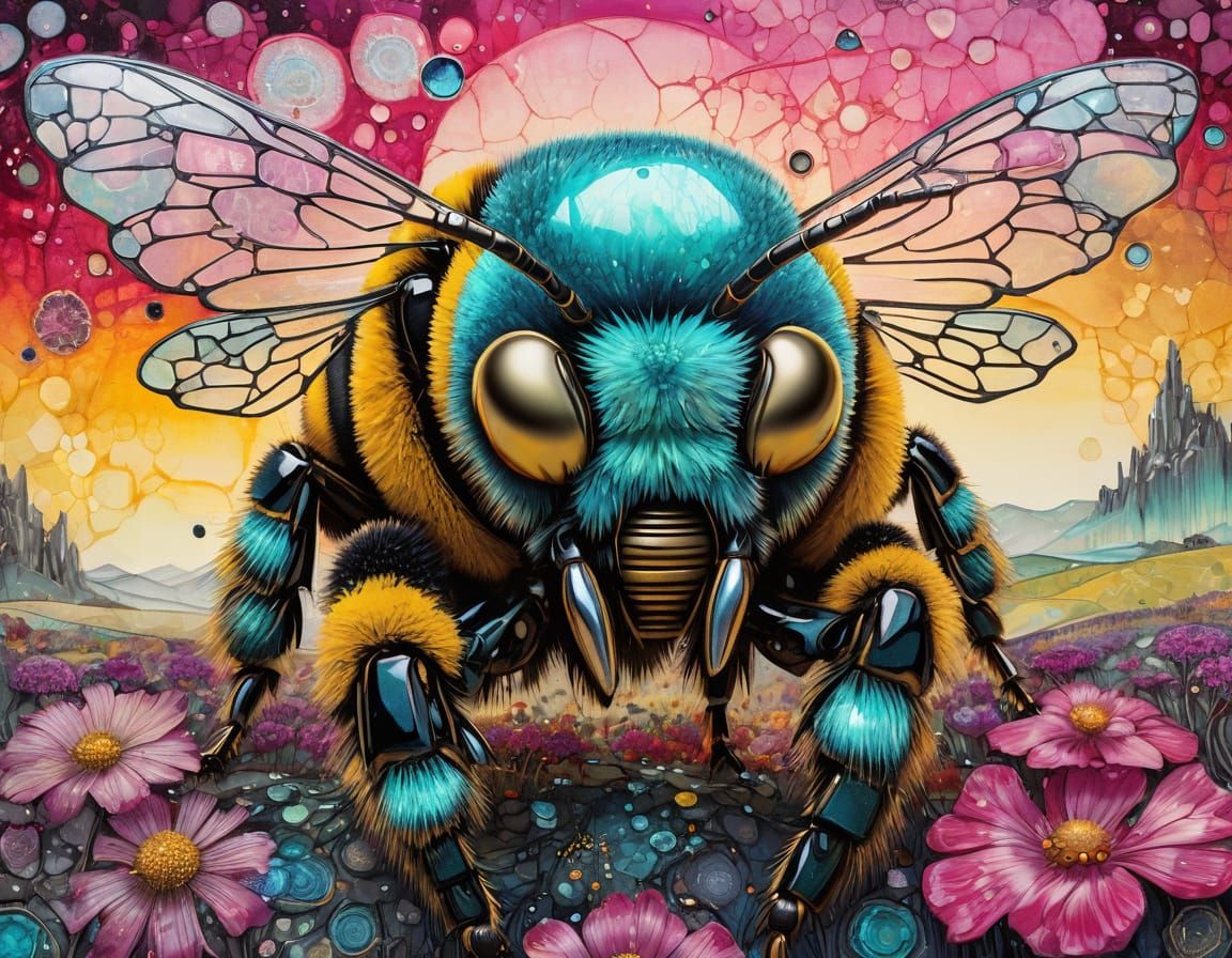 Surreal Bumblebee Masterpiece in Vibrant Triadic Colours