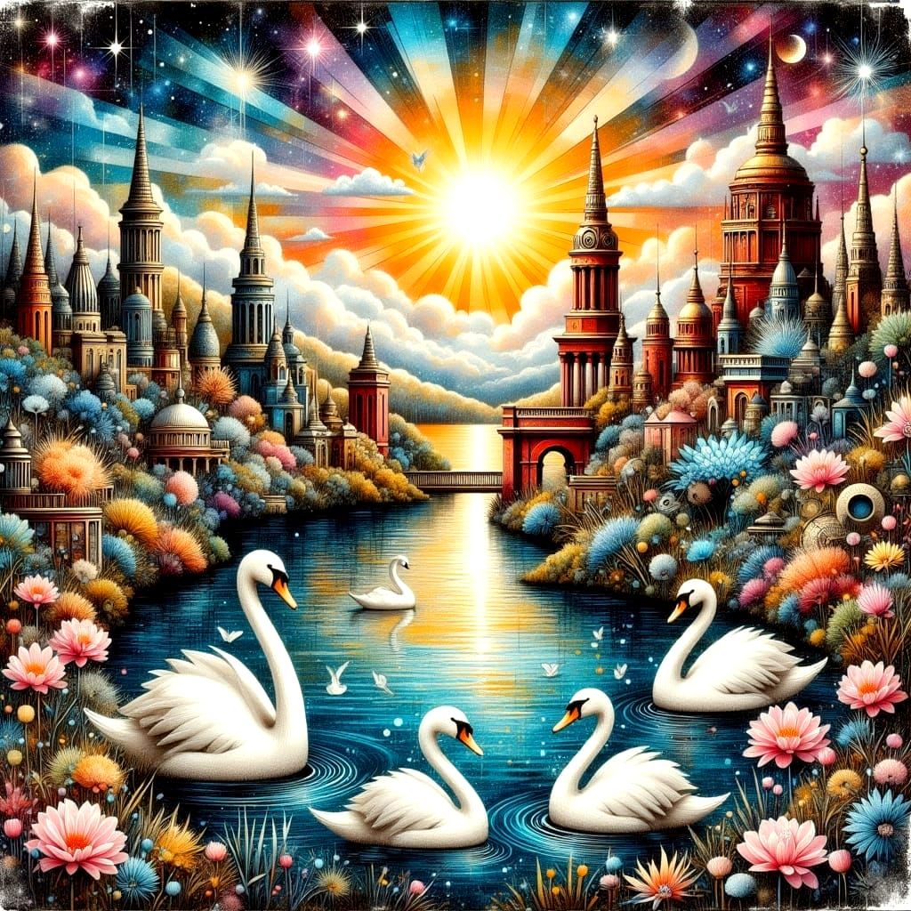 Vibrant Epic Fantasy Landscape with Rainbow Blooms and White...