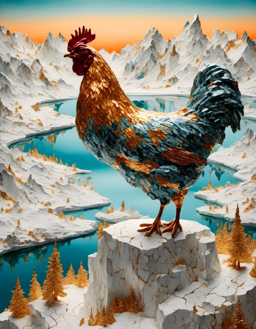 Surreal Chicken Portrait in Melting Arctic Landscape