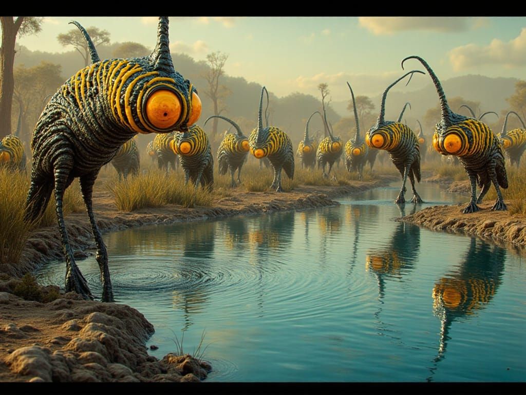Surreal Savanna Brains in Tubes Meet at Waterhole
