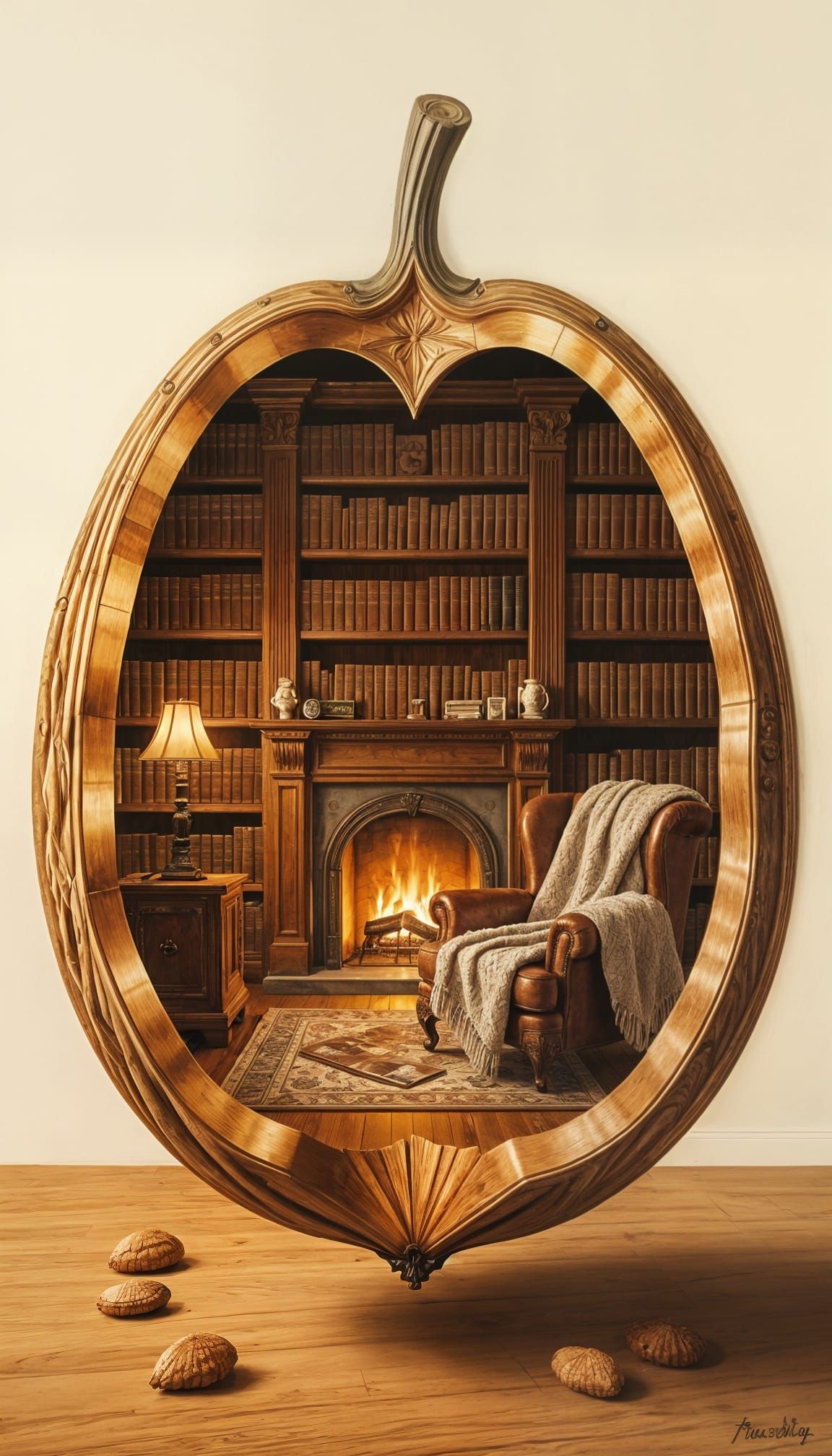 Surreal Walnut Library in Oil Painting Style