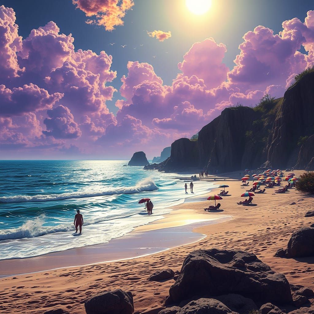 Sun-Kissed Beach Scene in Dark Fantasy Style