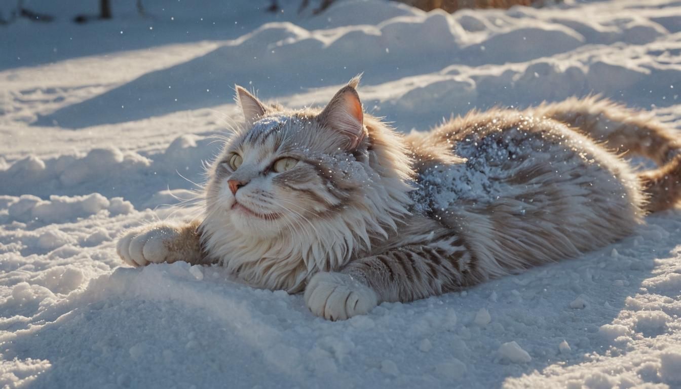 Cat Rolling in Snow: Hyperrealistic Splash Art