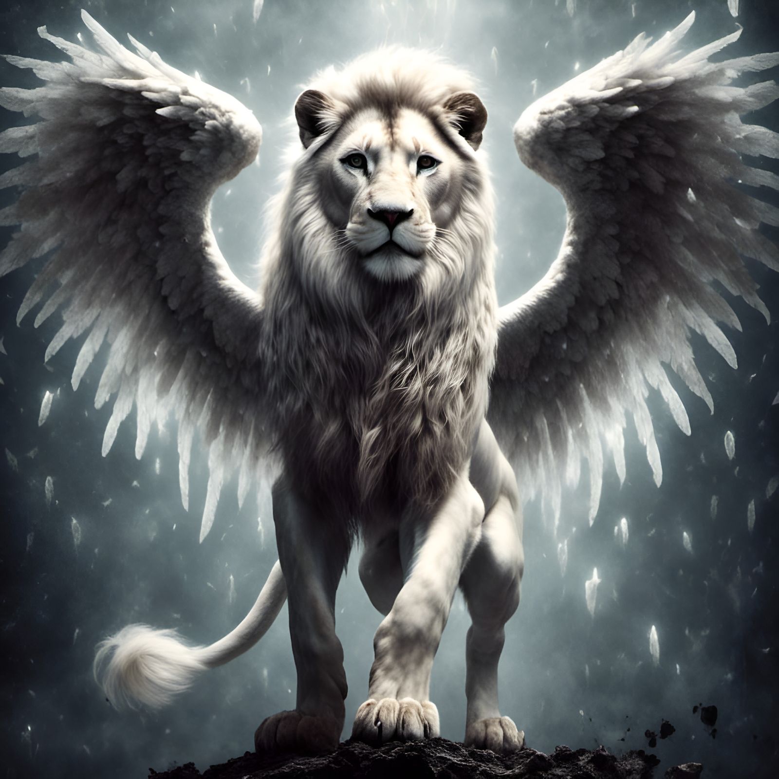 Angelic White Lion with Pegasus Wings in Fairy Dust