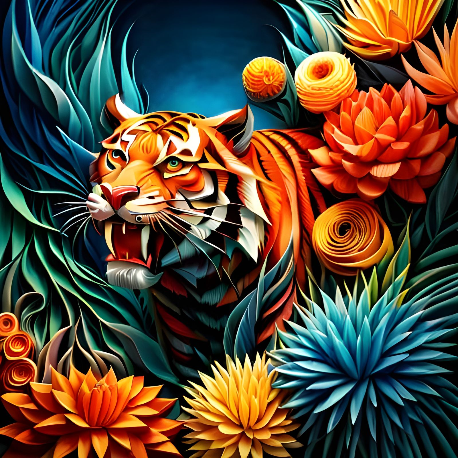 Paper Tiger Sculpture in Multi-Dimensional Style