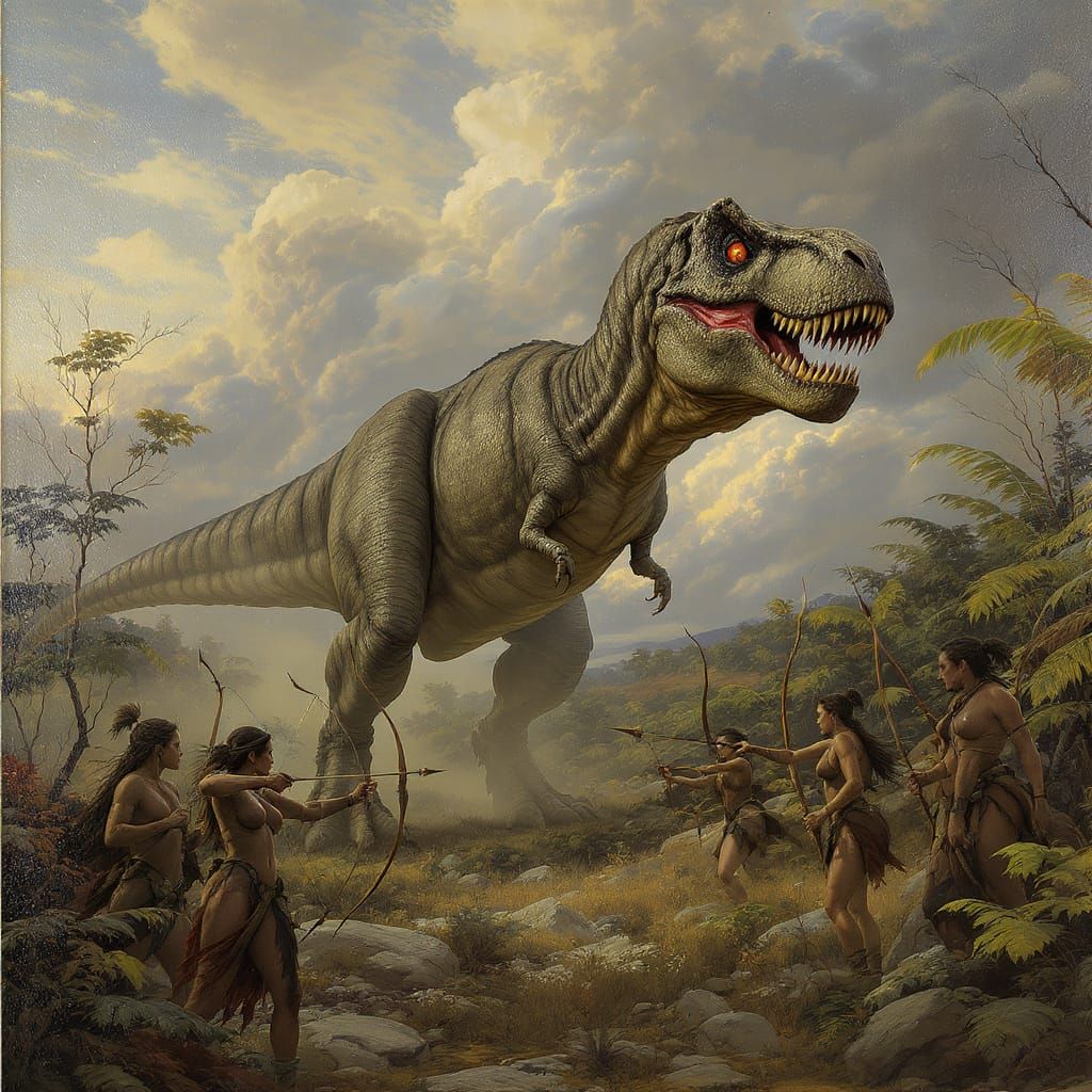 T-Rex and Hunter Women in Jurassic Landscape