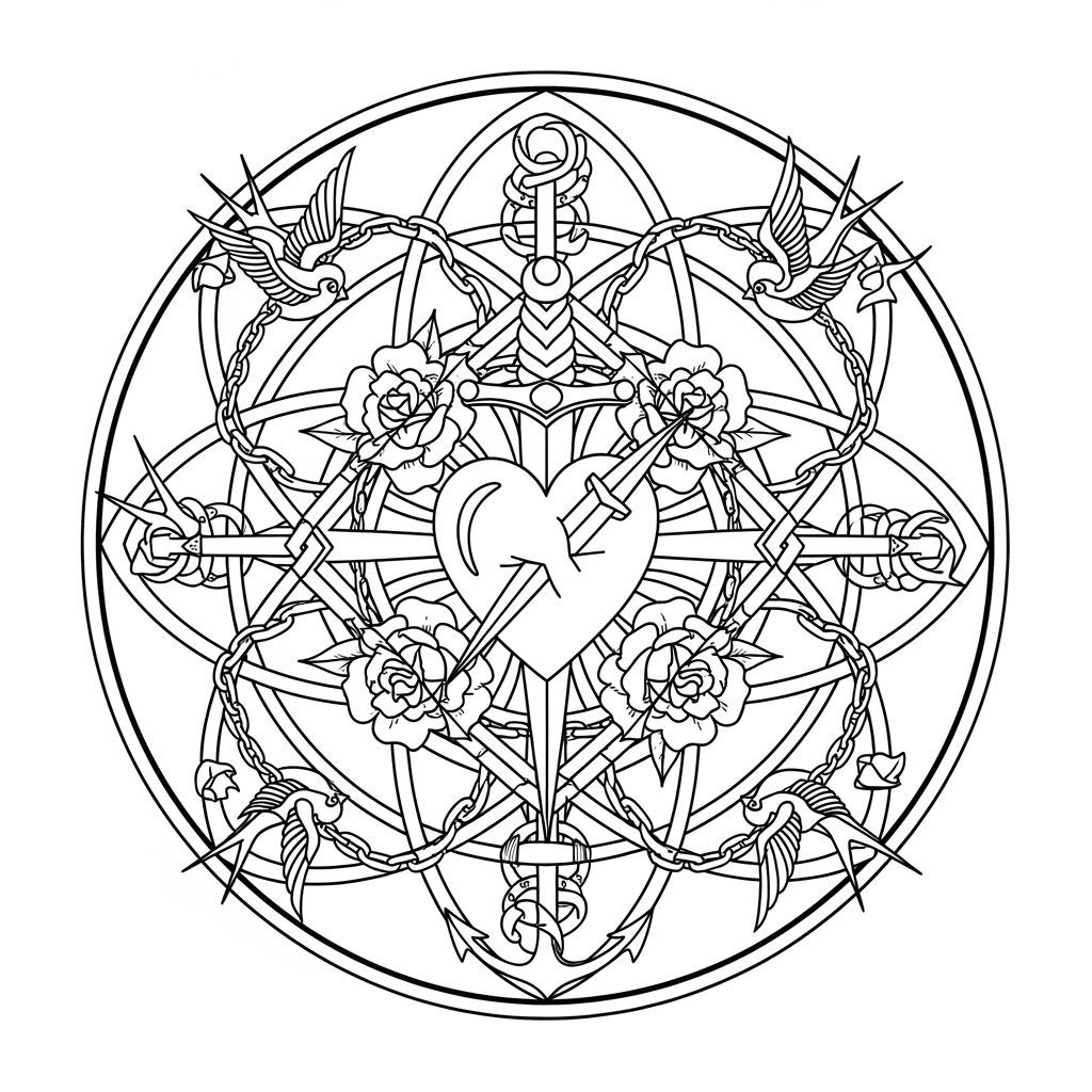 Monochromatic Mandala with Vintage Tattoo Motifs