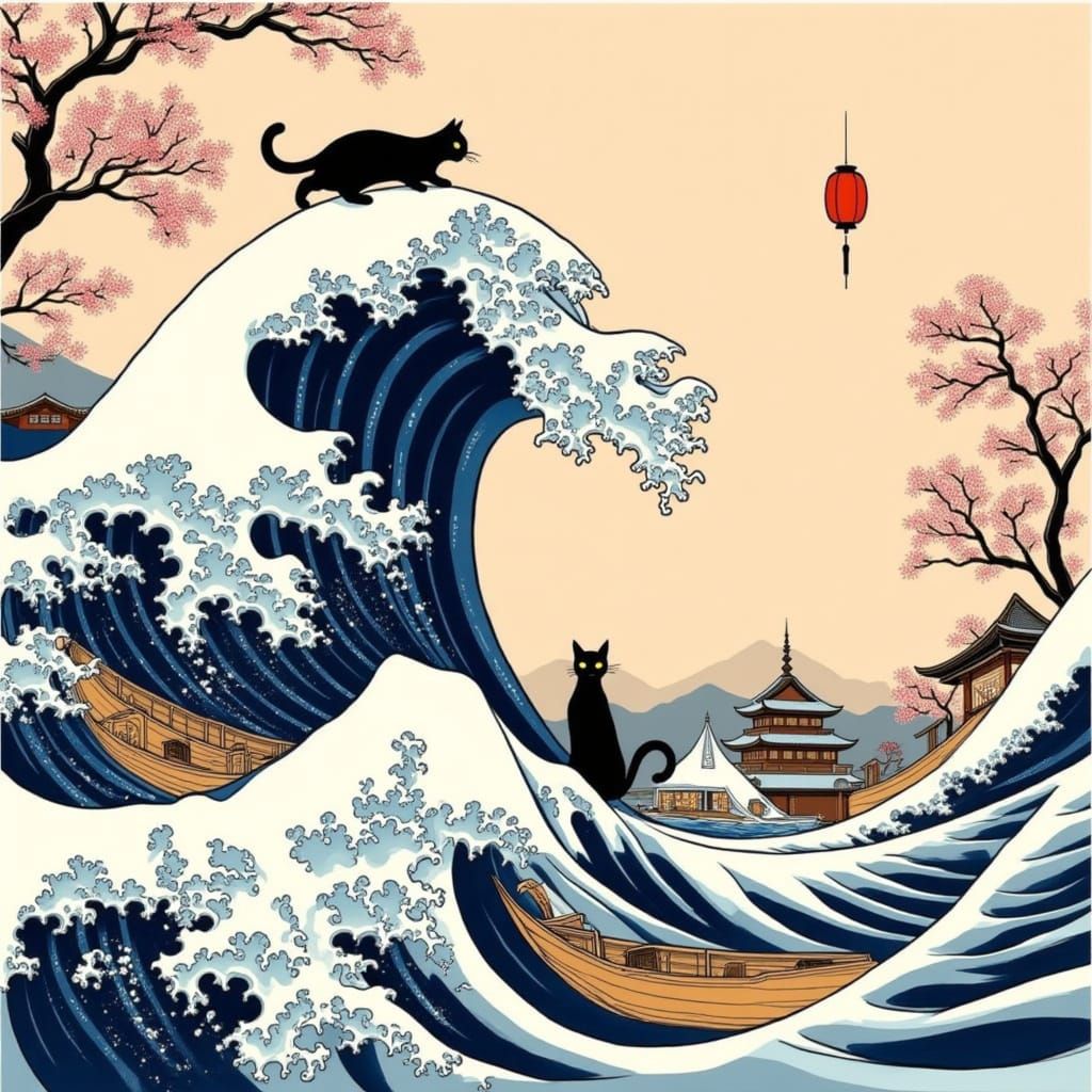 Ukiyo-e Wave with Cats and Cherry Blossoms