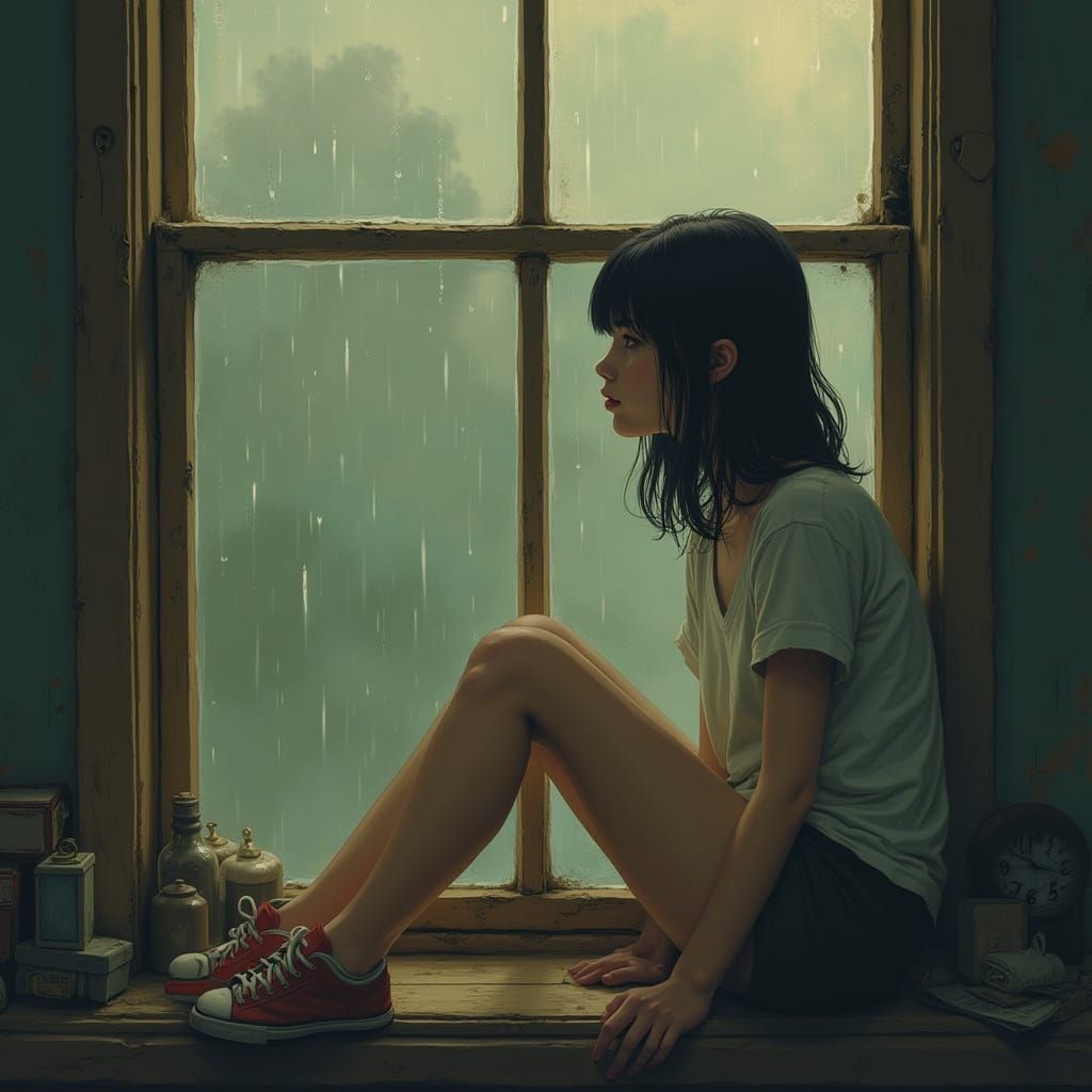 Melancholic Woman Watching Rain, Anime-Inspired Art