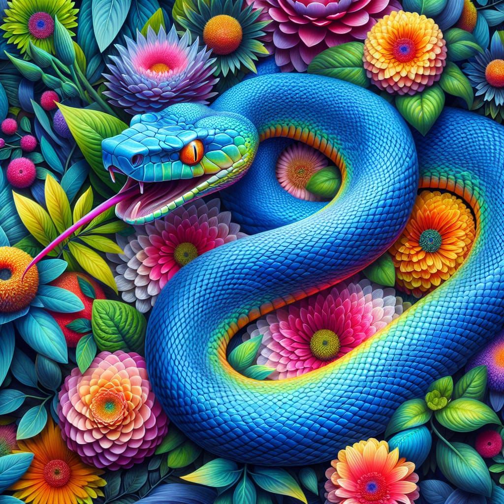 Vibrant Blue Snake Coiled in Colorful Foliage