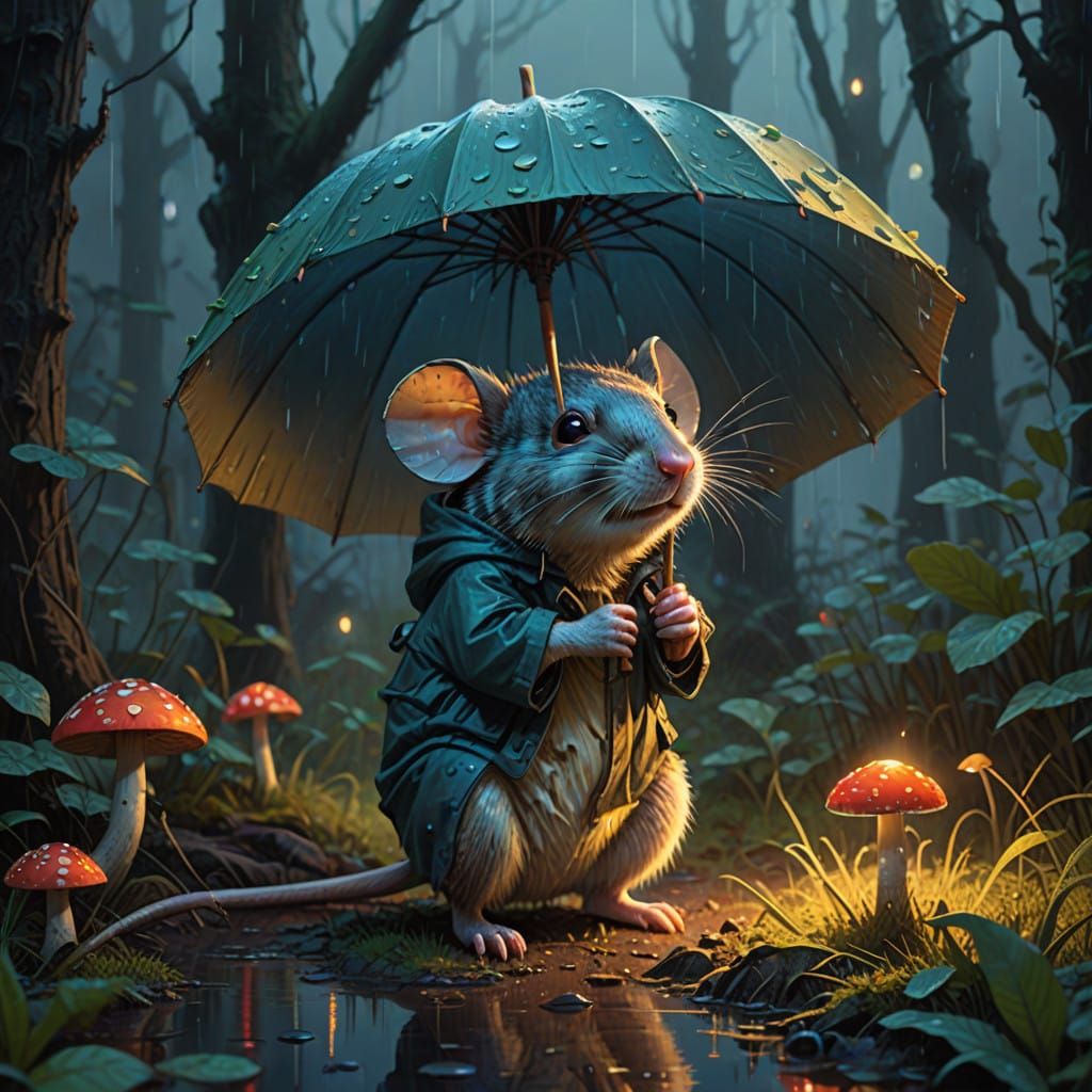 Whimsical Mouse Finds Shelter Under Glowing Mushroom