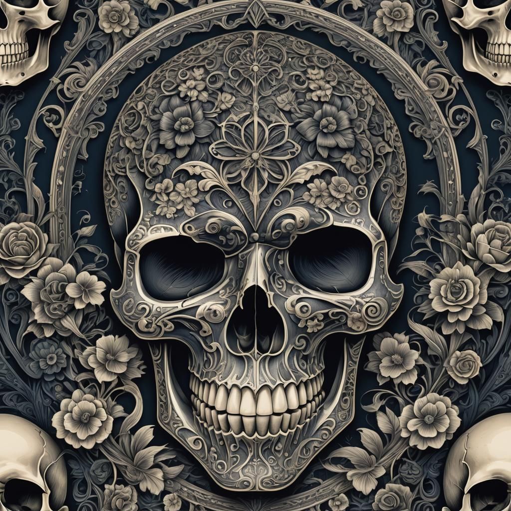 Ornate Skull with Tattoos and Engravings