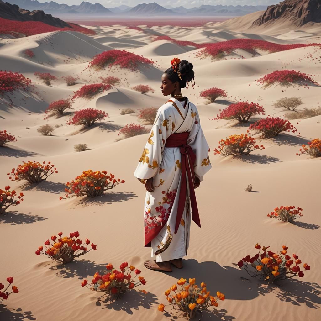 Woman in Kimono in Desert, Expressionist Matte Painting