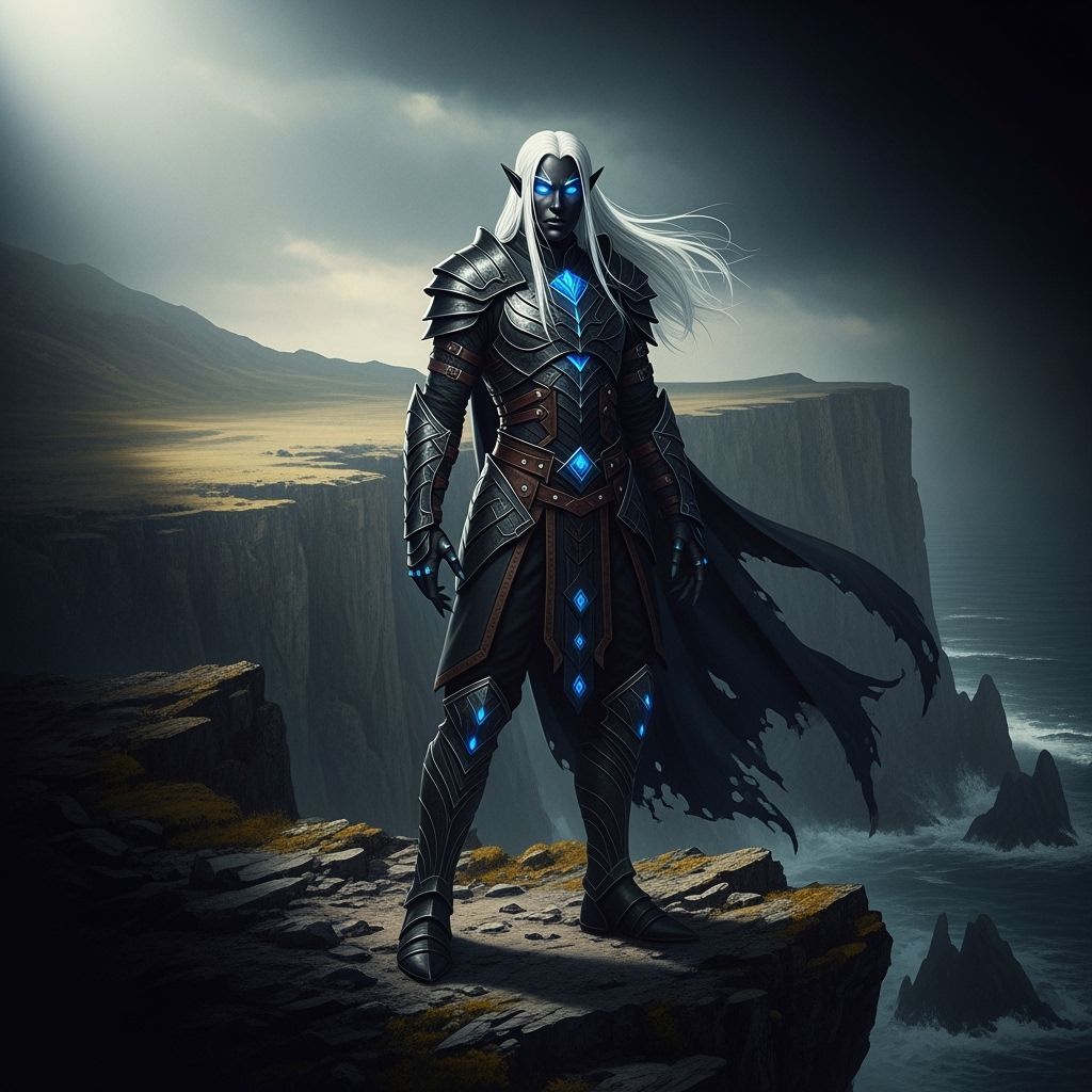 Heroic Elf on Cliff Overlooking Stormy Sea