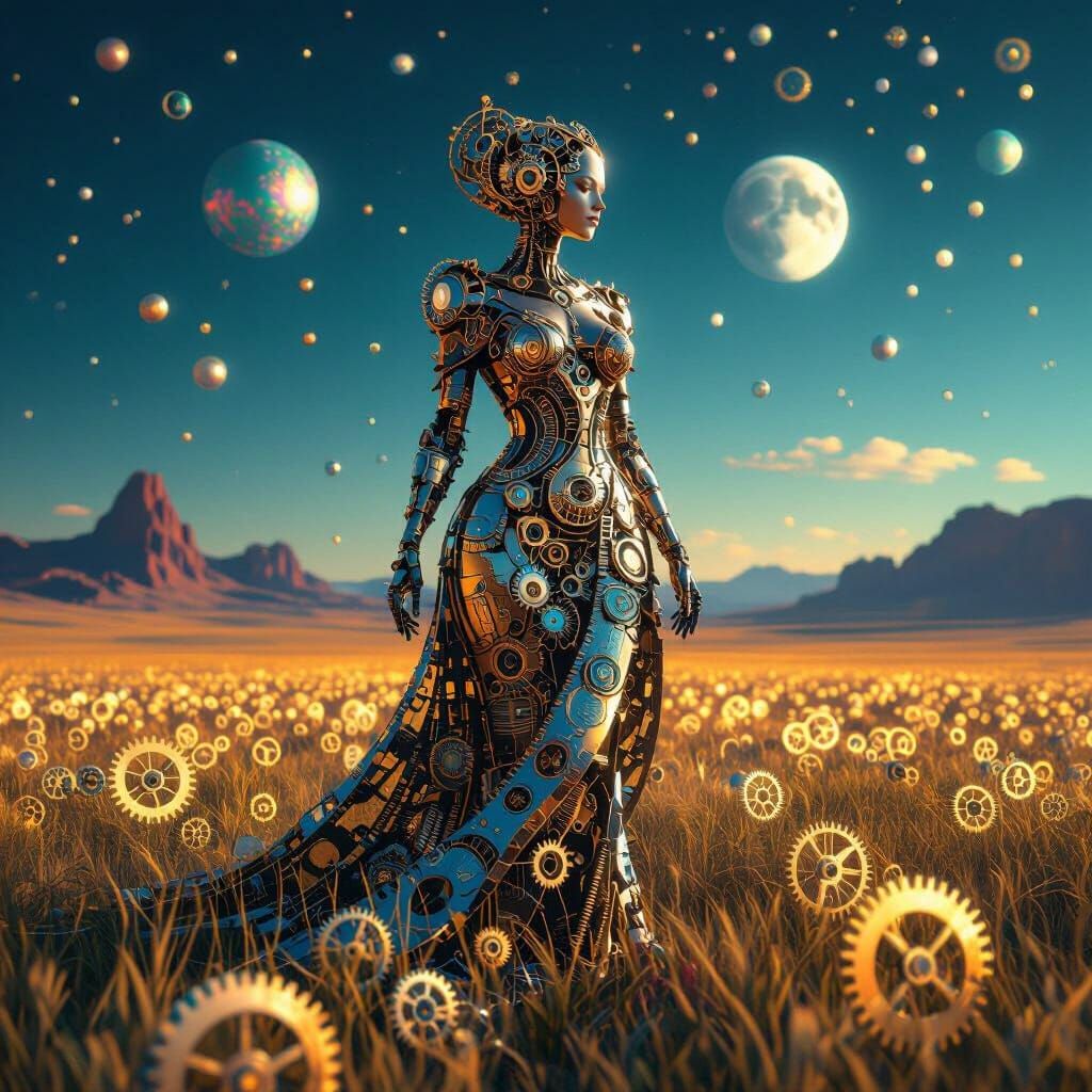 Clockwork Woman in Alien Landscape: Surreal Art