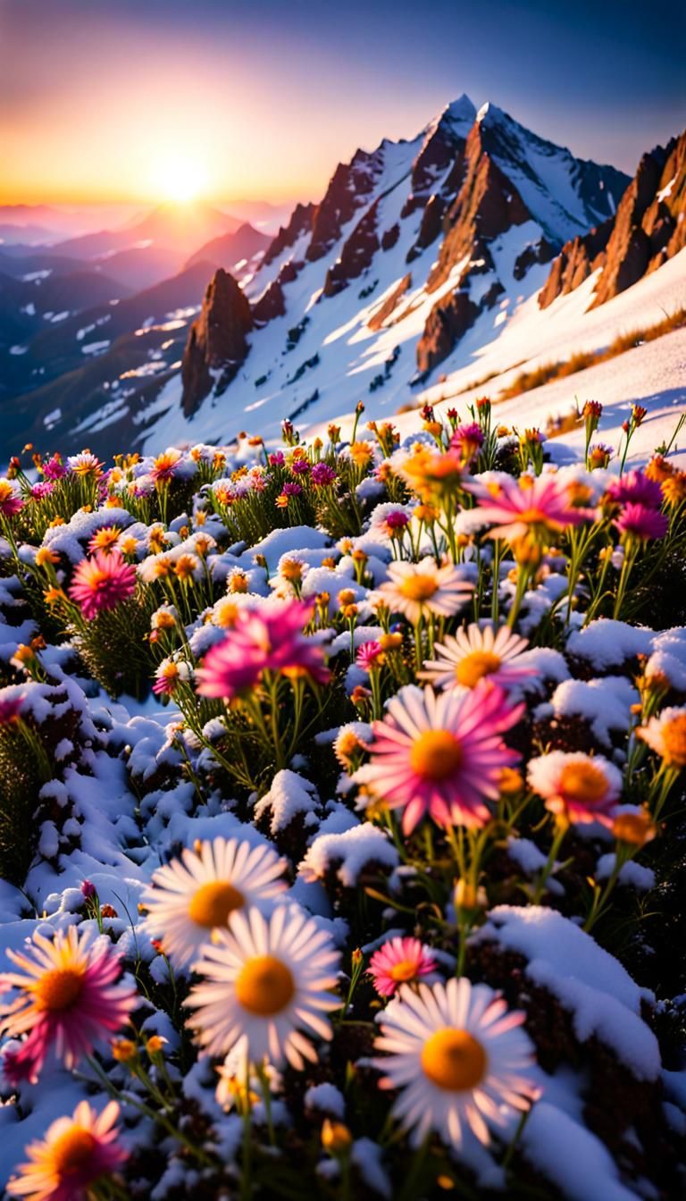 Mountain Flowers Snow Sunset: Breathtaking Detailed View
