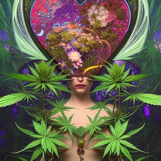 Cosmic Cannabis Heart Garden in Psychedelic Style